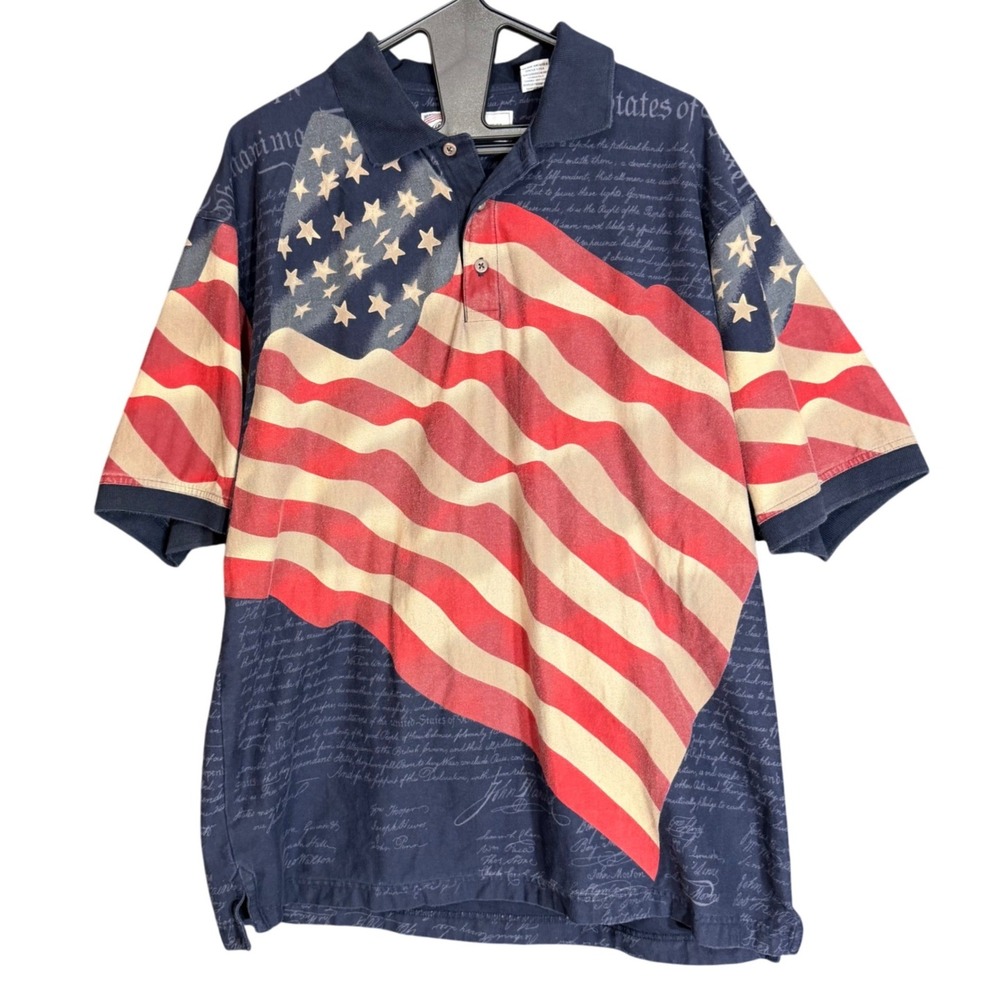 American Summer Mens Size Large USA Flag Polo Shirt Patriotic Cotton Navy Red - Picture 2 of 10
